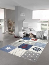 Tapis enfant tapis de jeu tapis garçon à carreaux maritimes en bleu gris crème
