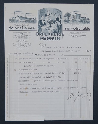 Facture 1939 orfevrerie perrin - facture,