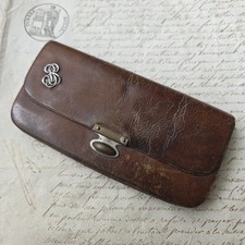 Porte Monnaie Ancien en Cuir 1900 avec Monogramme SB en Argent 