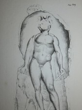 Ecole FRANCAISE XIX LITHO SCULPTURE MERCURE HOMME NU BOUC ARCHEOLOGIE LYON 1840