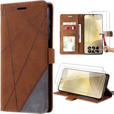 Coque + 2 Verres Trempés pour Samsung Galaxy S24 Ultra S23 S22 S21FE Synthécuir