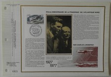Feuillet CEF 1er jour 407 Soie 1977 Traversée de l'Atlantique Nord Lindbergh 