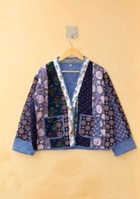 Indien Bleu Matelassé Patchwork Veste Handmade Veste Coton Femmes Vêtements US