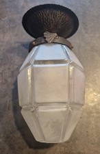 LAMPE LUMINAIRE ART DÉCO SUSPENSION FER FORGÉ VERRE DÉPOLI