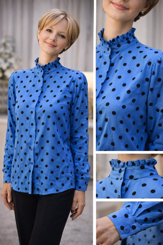 Chemisier vintage pois - chemisier, bleu