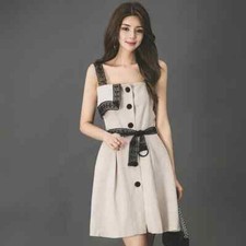 Robe Élégante Courte Évasée Beige Dentelle Noire Slim Douce 4387