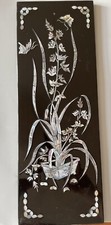 Tableau vietnamien laqué noir vintage incrustations nacre  oiseaux papillons