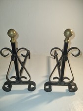 2 Anciens chenets en Fer Forgé et laiton - Vintage - 34cm