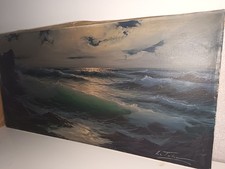 Grande peinture marine – Vagues & ciel nocturne – signé Le Tallec – 110×65 cm – 