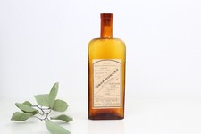 Flacon de pharmacie fin XIX ème en verre ambre et étiquette, antiquité, vintage