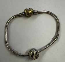 Bracelet Pandora Argent Cœur doré + boule fleur Maille Serpent Argent 925 18,70g