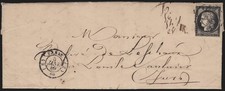 n°3, Cérès 20c noir, oblitéré PARIS (E) du 5 JANVIER 1849 pour Lons-le-Saunier