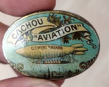 Ancienne boite fer métal réglisse Cachou Aviation Clément Bayard Ballon Dirigeab