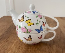 Théière & tasse individuelle Blanche - Motifs papillons multicolores - Neuve