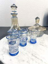 Service à liqueur Art Déco vintage – carafe, bonbonnière et 5 verres 