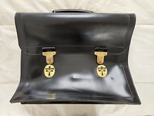 Cartable d'écolier ancien en cuir noir brillant lisse - Excellent état