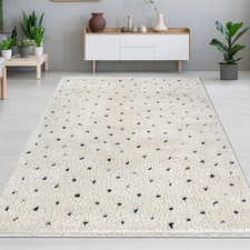 Tapis moderne à poils longs avec pois – Beige avec accents noirs – doux et stylé