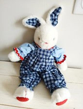 Jacadi grand doudou lapin blanc salopette rayée bleue vintage