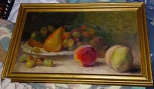 Tableau ancien Huile sur toile Nature morte aux fruits, Pommes Poires pêches 