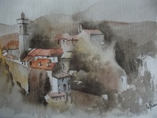 Aquarelle originale signée paysage de Provence "Montauroux (83)"