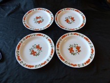 VINTAGE 4 ASSIETTES PLATES ARCOPAL FRANCE DECOR FLEURS ORANGE ANNEE 70