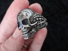 Bague Homme Argent Moto Biker Tête de Mort Crane Mains Vintage TAILLE 72 Magie 