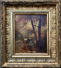 ancien tableau huile, bois, vaches à l'étang 25x19 cm