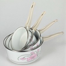 Lot casseroles vintage émaillées blanches décor roses et gris rétro cuisine