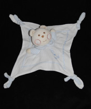 Doudou ours plat NOUNOURS blanc tissus brodé B Bébé cœur bleu  4 nœuds TTBE