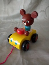 JOUET VINTAGE BOIS VOITURE À TIRER BOIS  PERSONNAGE MONTE ET DESCEND   BON ETAT