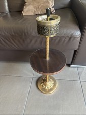 Cendrier Sur Pied Laiton Ciselé  Motifs Fleurs Tablette Bois Années 60-70 3,3 Kg