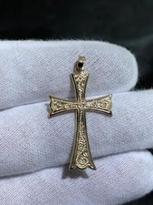 14k Jaune or Main Gravé Halo Pendentif Croix or Massif Communion Cadeau 3.2Gr