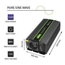 Convertisseur de tension monolithe Qoltec, 600W, 1200W, 12V à 230V, sinus pur