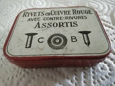 Boîte publicitaire métal (vide) - rivets cuivre rouge & contre figures assortis