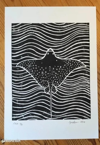 Raie manta linogravure - manta,,