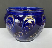 Cache Pot Ancien Art Déco Faïence Saint Amand les Eaux Bleu Or Céramique du Nord