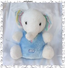 Doudou Peluche Eléphant Assis Bleu Blanc Rayures Multicolores Vintage Boulgom