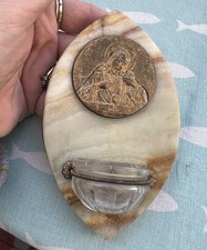 Antique French Marble Brown Holy Water Plaque Jesus St. John Wall 5” Brass