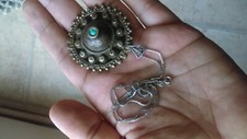 Victorian antique silver jewelry brass pendant , Turquoise, 925 silver chain