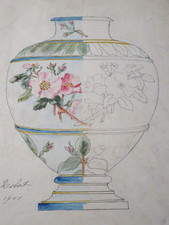 Ecole FRANCAISE XX DESSIN AQUARELLE VASE PORCELAINE DECOR FLEURS SEVRES ? 1901