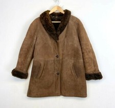 Manteau long vintage - cuir peau lainée - col poignet fourrure - taille XXL