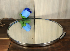 Antique French Art Deco Patina Mirrored Round Cocktail Serving Tray Chrome 1930s