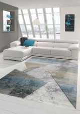 Tapis Moderne Couloir Salon Carreaux Design Abstrait multicolore gris bleu or - 