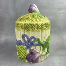 Gros pot couvert  boite en barbotine récente EDW décor asperge ail Haut.~22cm