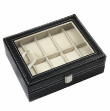 Coffret Boite Présentoir Écrin 10 Montres Vitrine Verre Facon Cuir Noir Pro