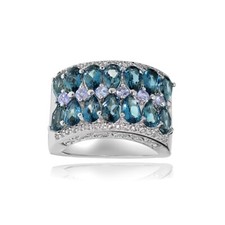 Argent Sterling Tanzanite, London Bleu et Blanc Topaze 2-row Ring