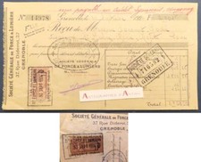 ● Timbre quittance 1F perforé FL reçu Société Générale Force & Lumière Grenoble