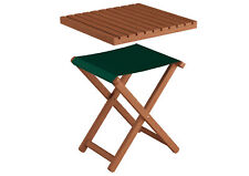 Petit tabouret de jardin pliable, bois foncé avec tissu vert, tablet assorti