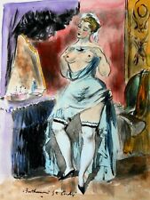BERTHOMME SAINT-ANDRE - "DANSEUSE AU DESHABILLE BLEU" AQUARELLE + GOUACHE 1950