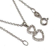 Femmes 9ct or Blanc Double Pendentif Coeur Set de Diamants Sur Câble Chaîne